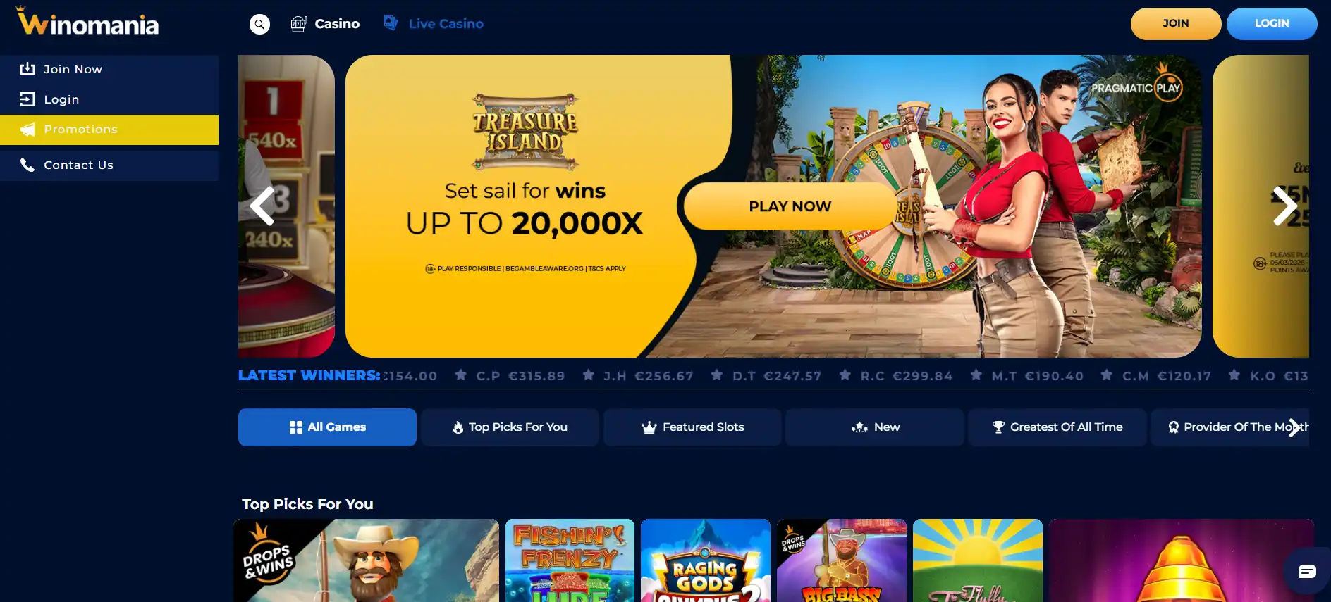 Current Winomania UK casino landing page interface