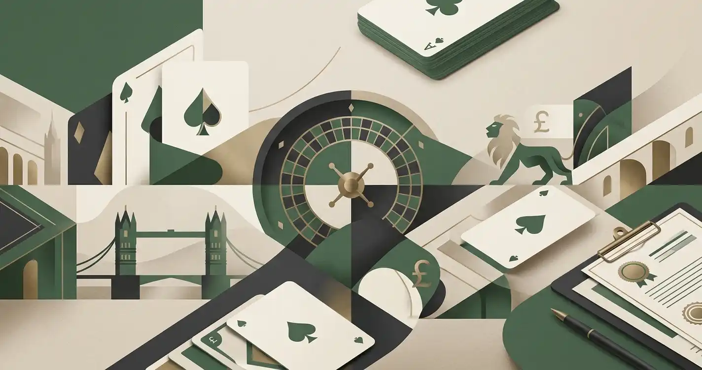 Editorial illustration representing a UK casino review with gaming, payment and regulatory motifs
