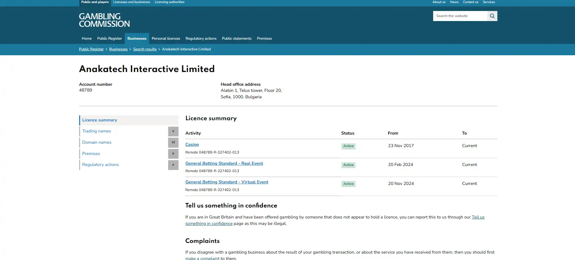 UK Gambling Commission register entry for Anakatech Interactive Limited