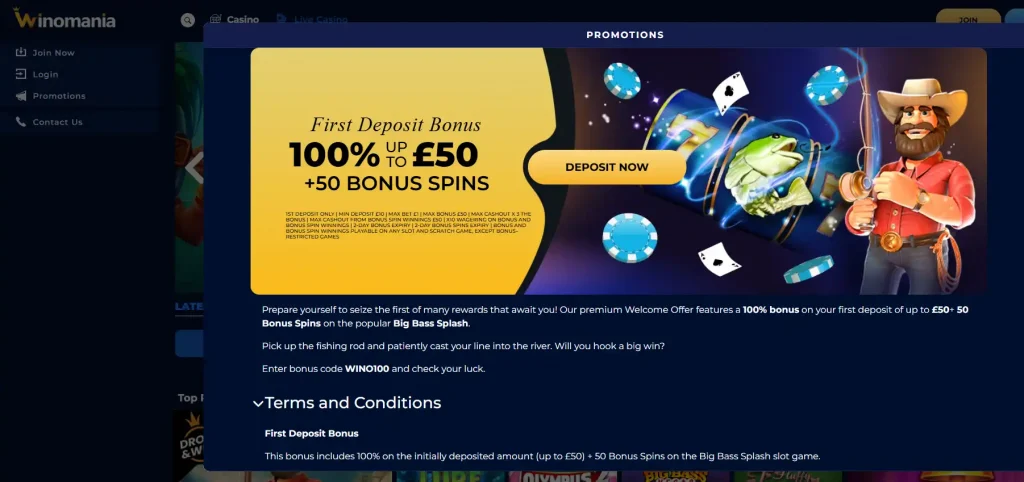 Real Winomania welcome offer panel showing the current promotion and terms