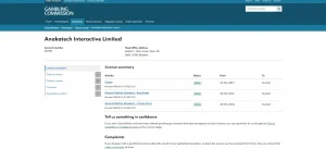 UK Gambling Commission licence summary for Anakatech Interactive Limited account 48789