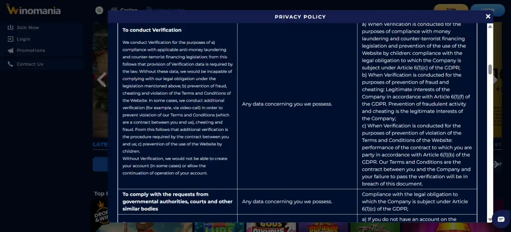 Winomania identity verification or document upload screen