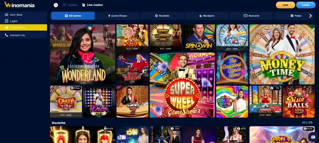 Winomania live casino lobby with dealer game categories